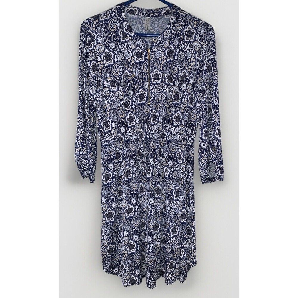 Pre Seption Concept Dress Women's Size Large Blue White Midi Stretch Zip Floral